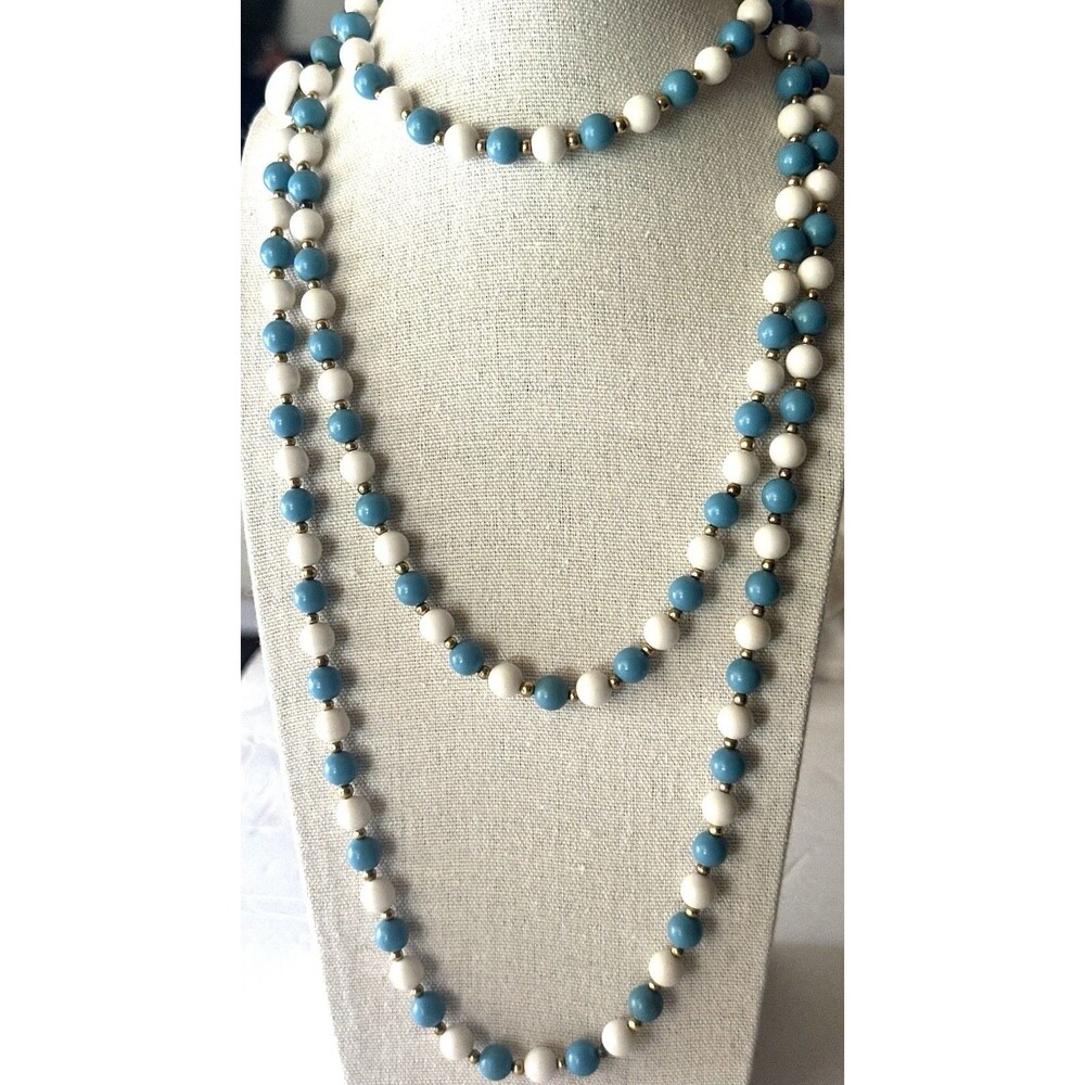 Vintage 58” Blue White Beaded Necklace Long Wrap Strand Retro Mid Century